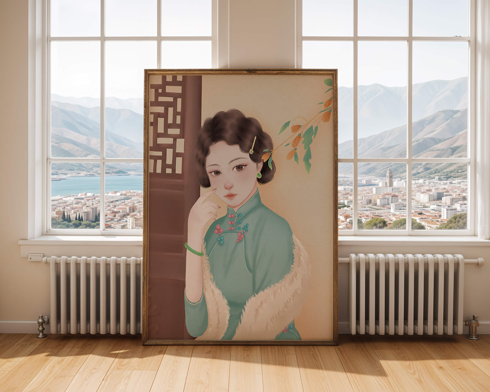 Elegant portrait of a woman in traditional attire with jade accessories