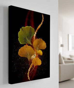 Art abstrait floral avec des feuilles de gingko dorées et un fond sombre