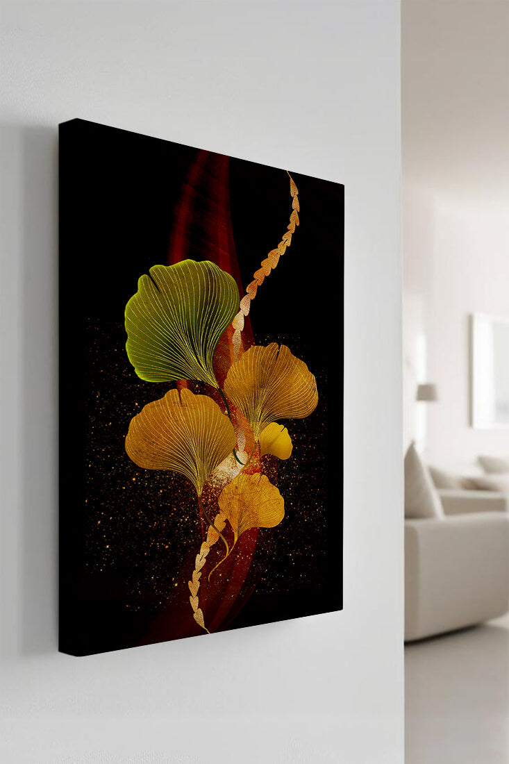 Art abstrait floral avec des feuilles de gingko dorées et un fond sombre