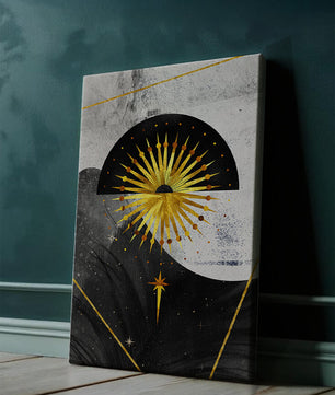 Abstract cosmic design featuring golden sunburst and celestial elements