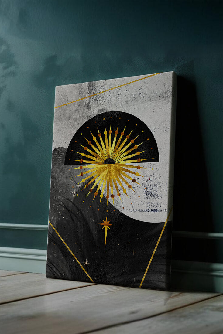 Abstract cosmic design featuring golden sunburst and celestial elements