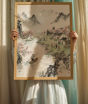 Idyllic Village Scene with Cherry Blossoms and a River