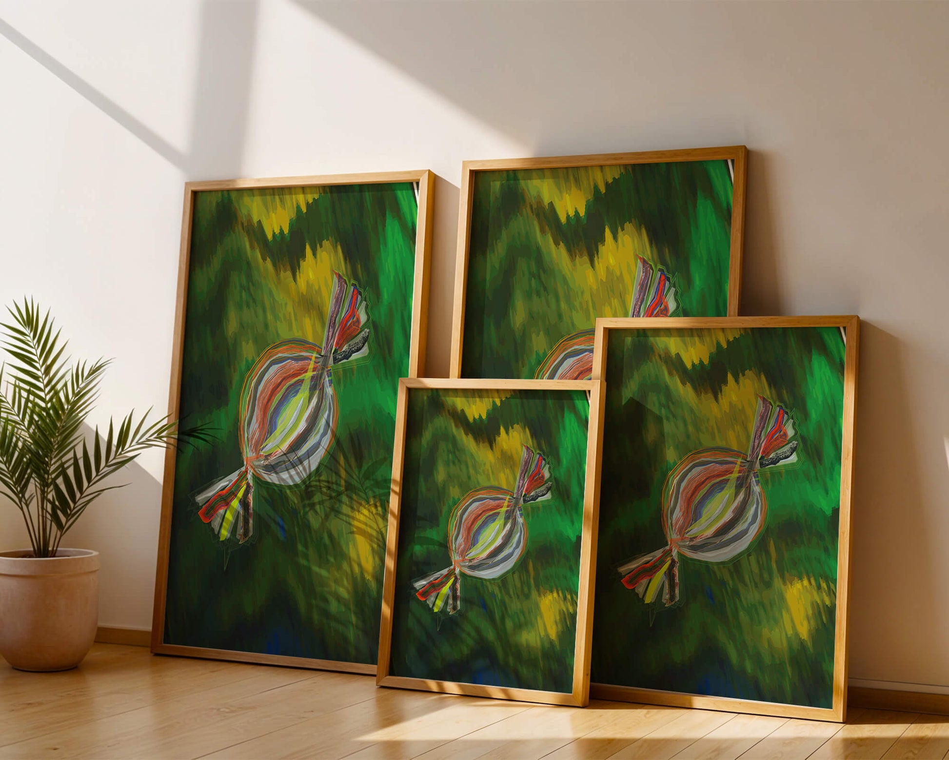 Patrón abstracto colorido con pinceladas dinámicas sobre fondo verde
