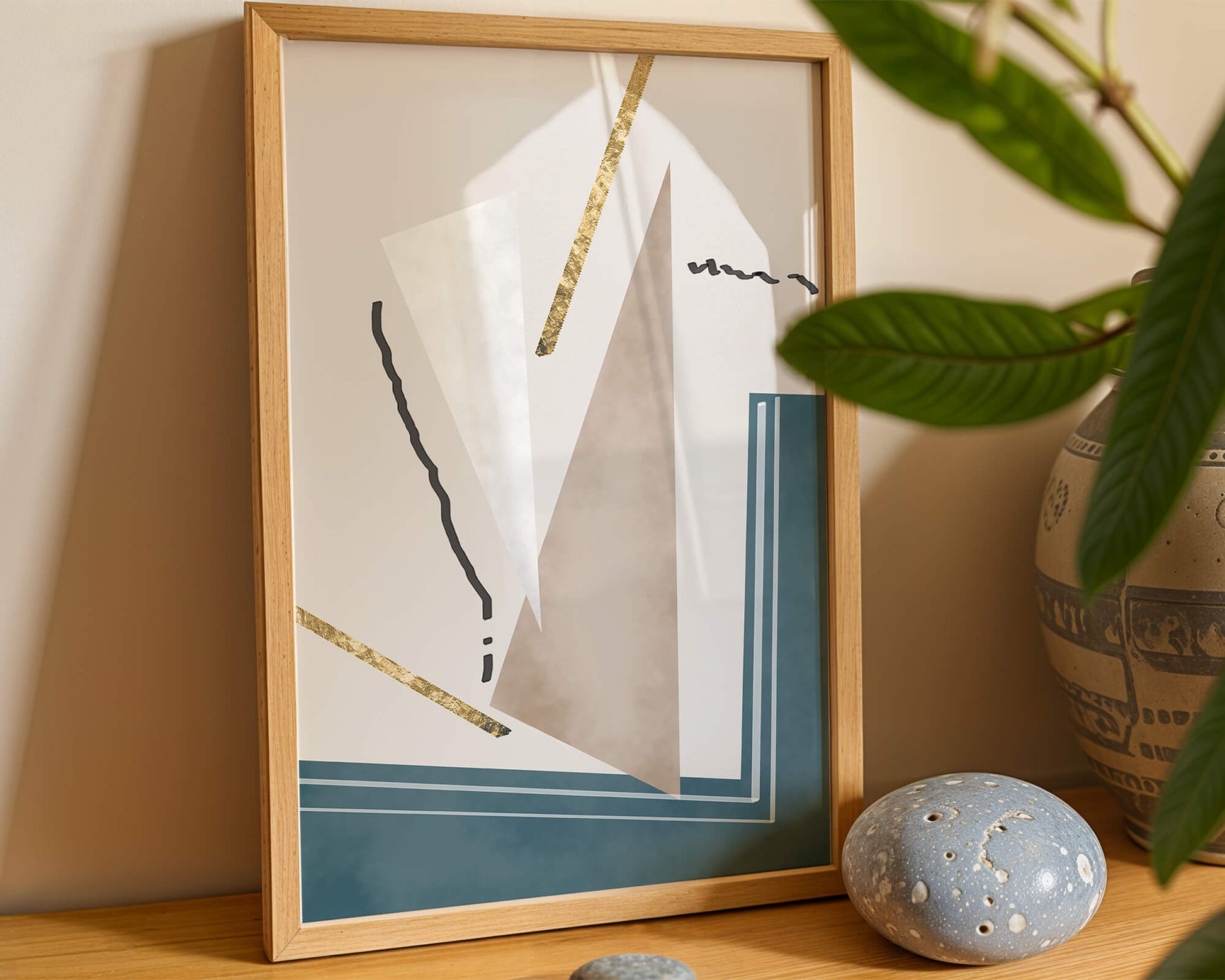 Abstract geometric artwork featuring gold elements