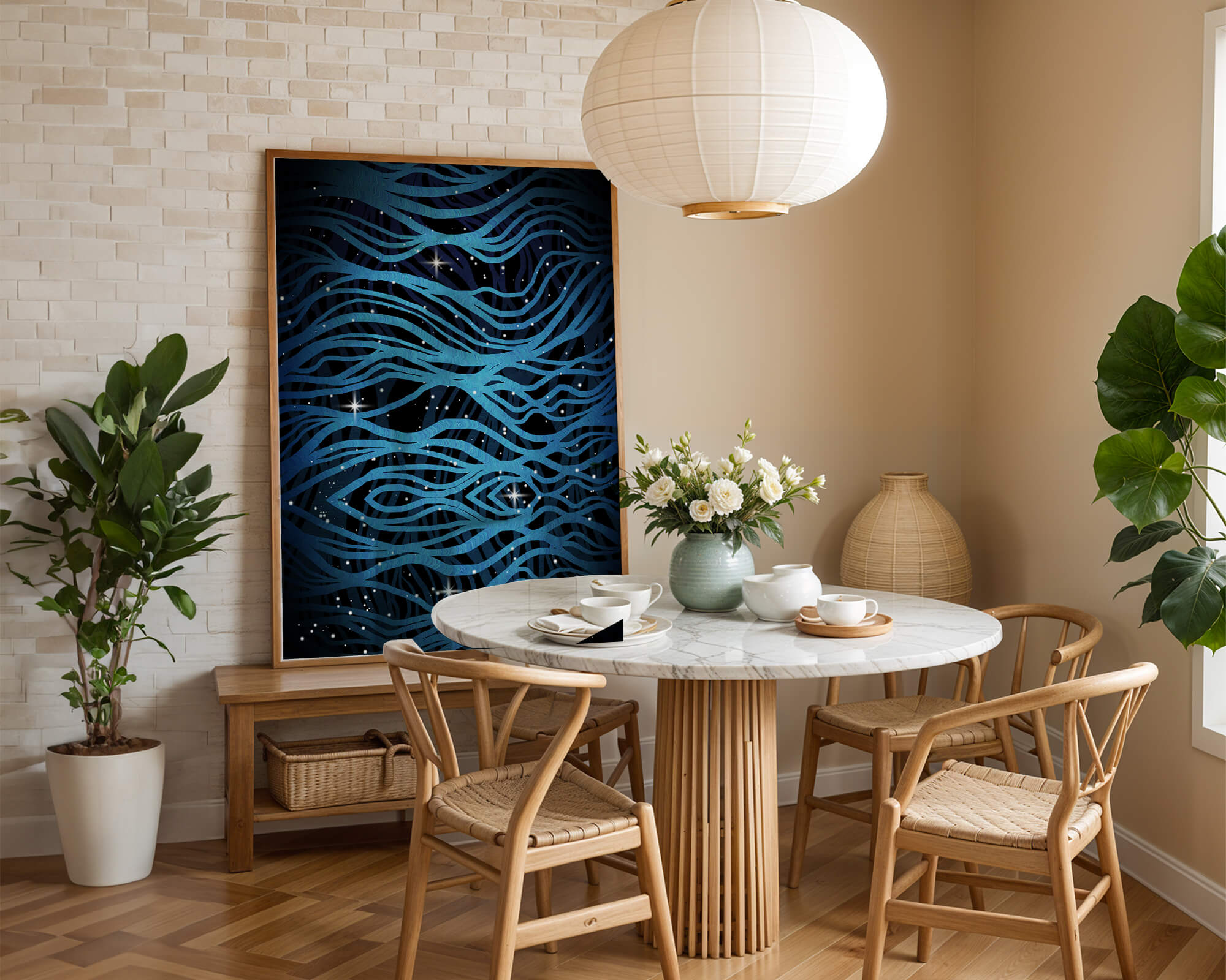 Abstract blue wave lines with starry night background