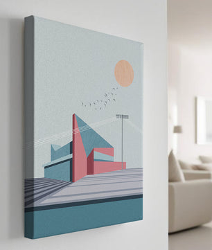 Ilustración arquitectónica moderna con diseño geométrico y atardecer