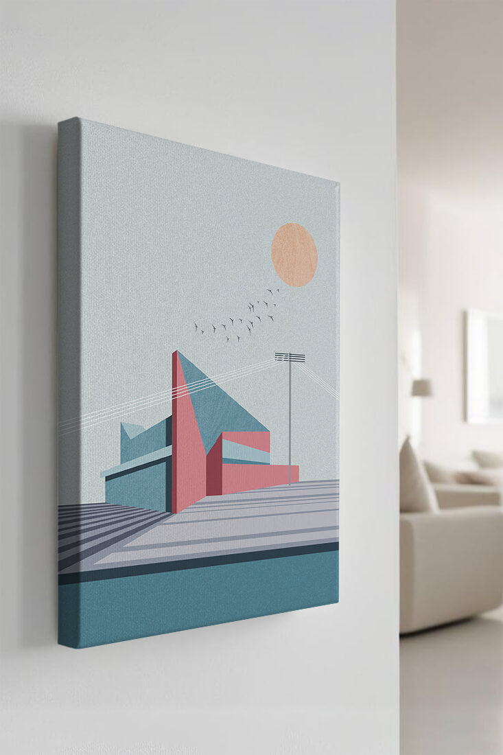 Ilustración arquitectónica moderna con diseño geométrico y atardecer
