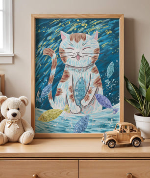 Gato caprichoso con peces coloridos y pinceladas juguetonas