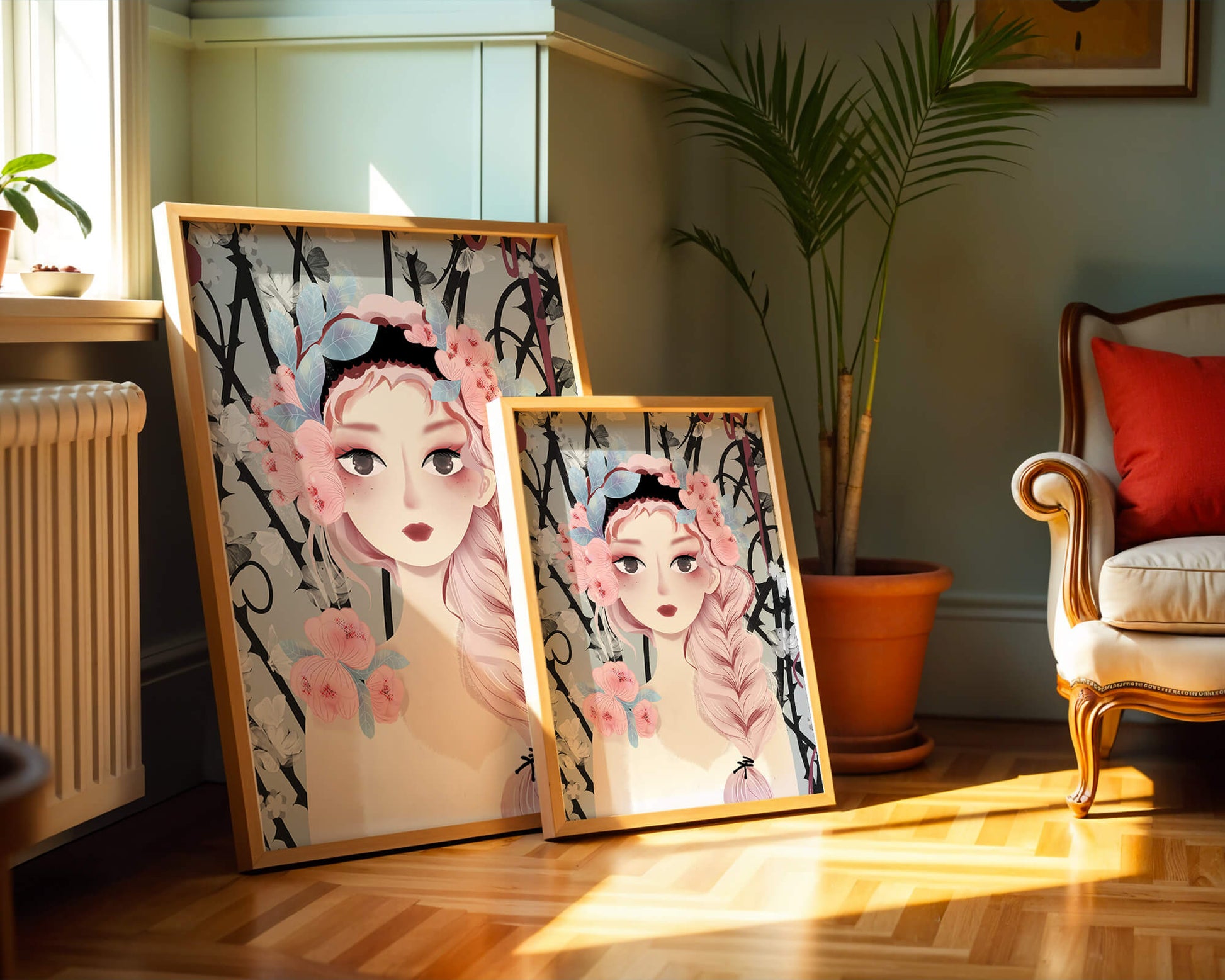 Whimsical illustration of a girl with pink hair and floral crown