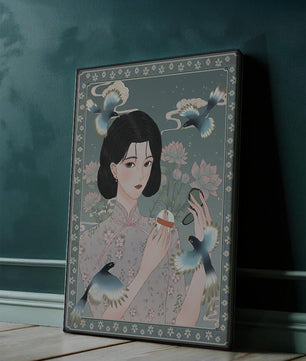 Mujer elegante en kimono floral rodeada de pájaros y flores de loto