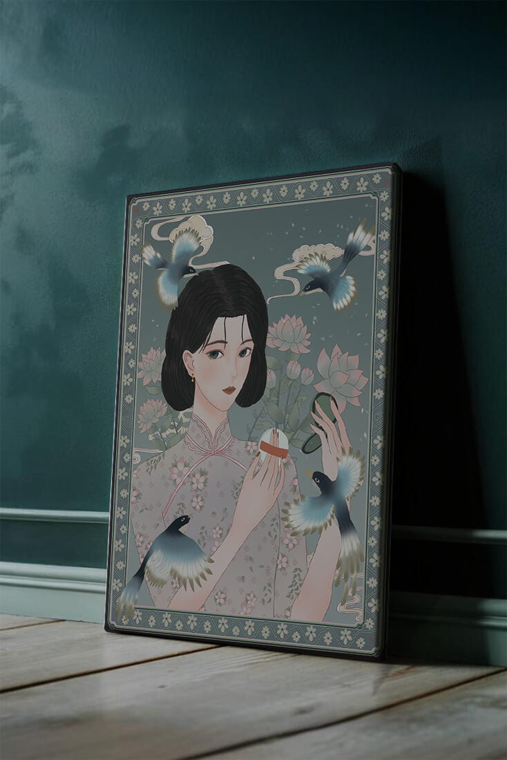 Elegant woman in floral kimono surrounded by birds and lotus flowers