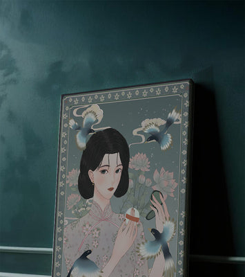 Elegant woman in floral kimono surrounded by birds and lotus flowers