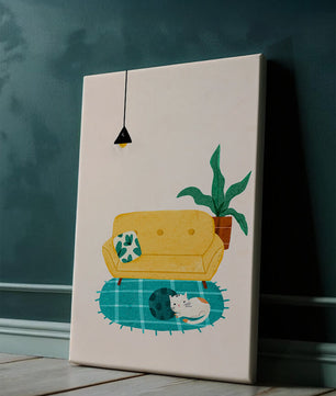 Cozy Living Room with Yellow Sofa and Sleeping Cat