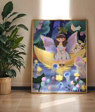 Enchanting fairy scene with glowing jellyfish and moon backdrop