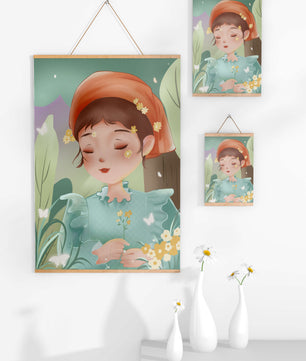 Ilustración serena de una chica en la naturaleza con flores y mariposas