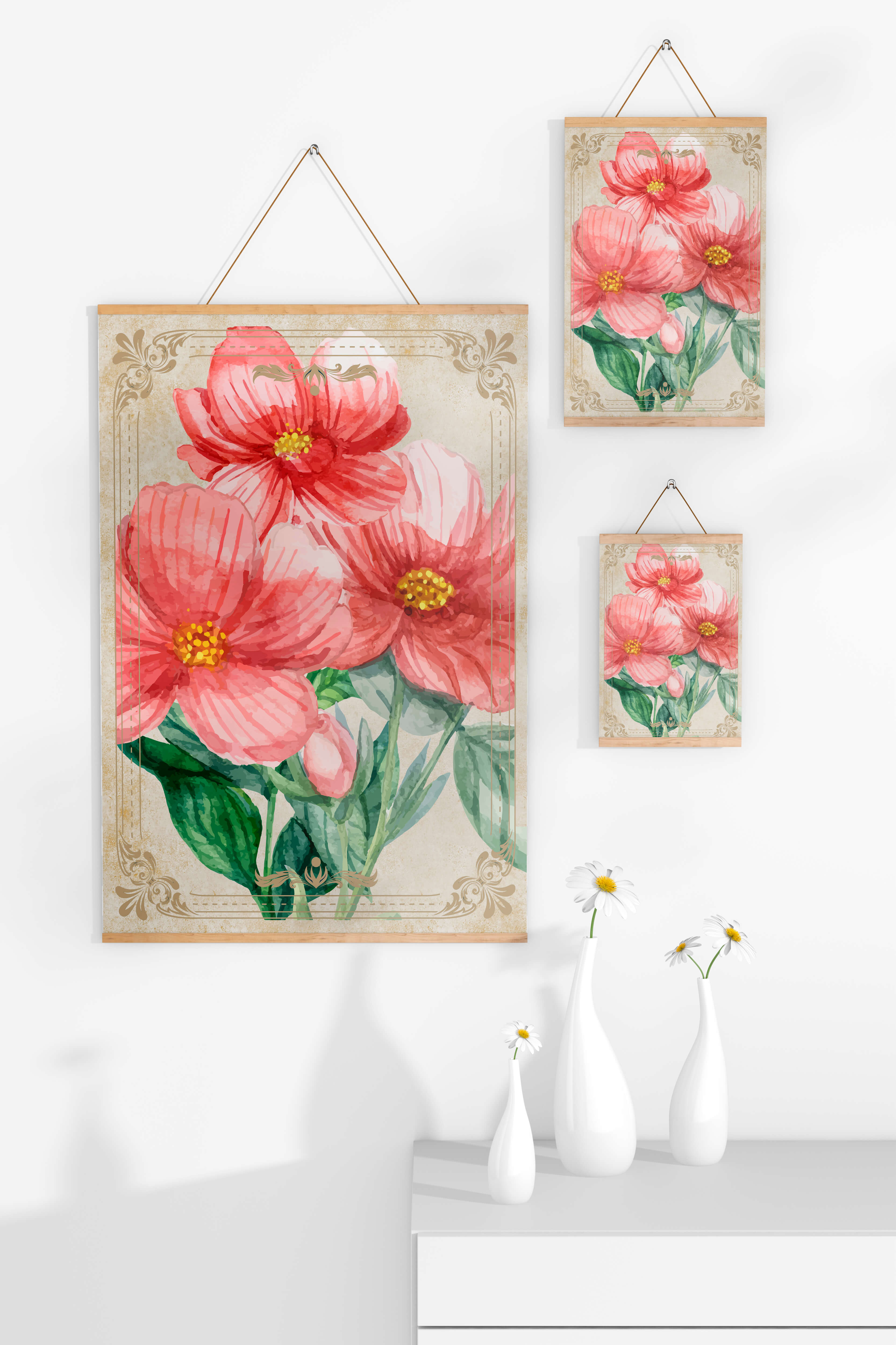 Watercolor floral illustration with pink blooms and green foliage