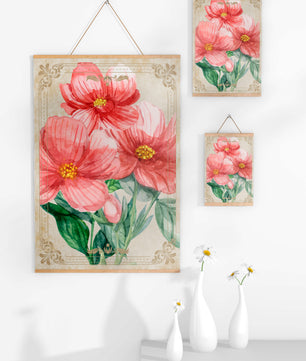 Watercolor floral illustration with pink blooms and green foliage
