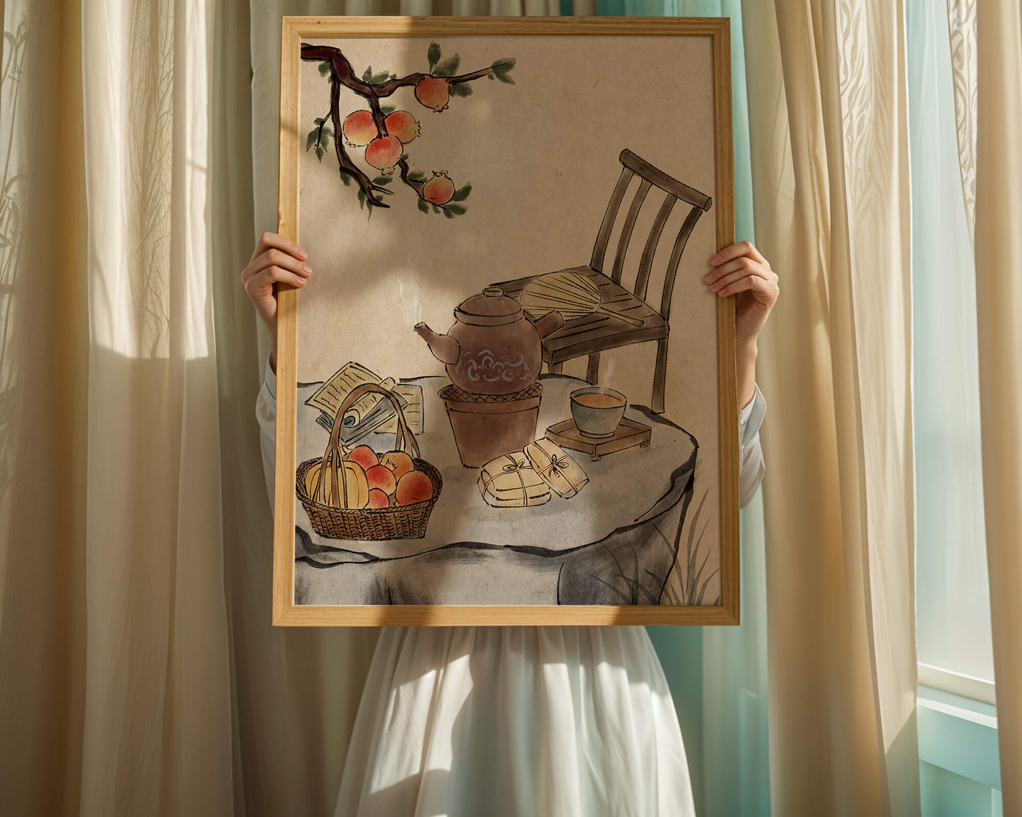 Watercolor painting of tea time setting with fruits and wooden chair