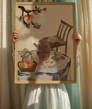 Peinture à l’aquarelle d’un moment de dégustation de thé avec des fruits et une chaise en bois