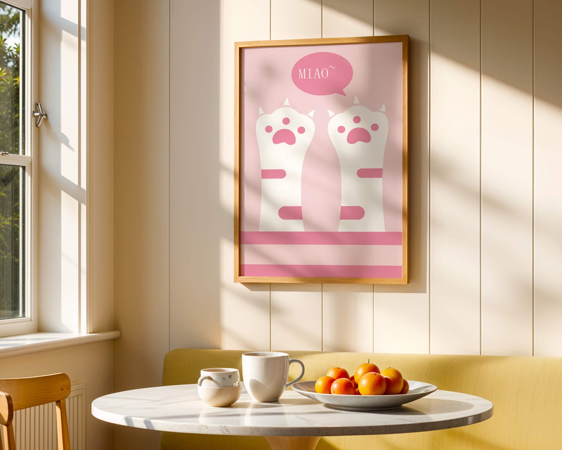 Playful cat paws illustration with speech bubble saying "Miao"