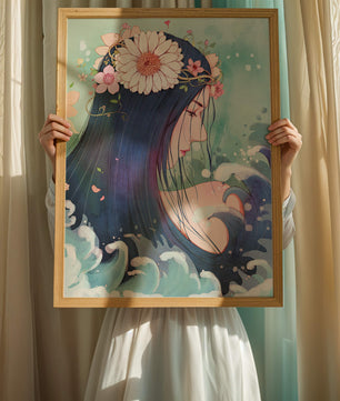 Illustration of a serene woman with floral crown and ocean waves