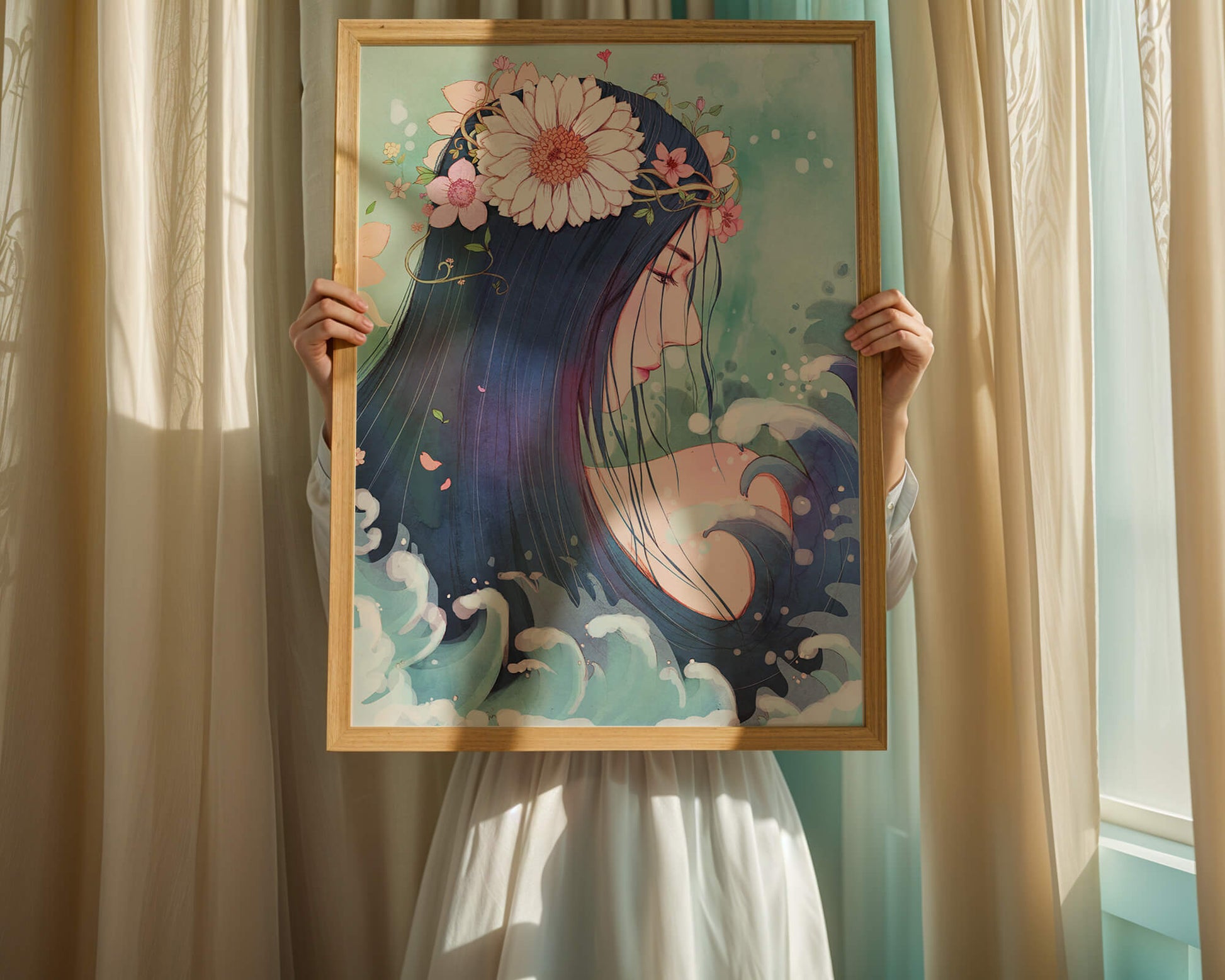 Illustration of a serene woman with floral crown and ocean waves