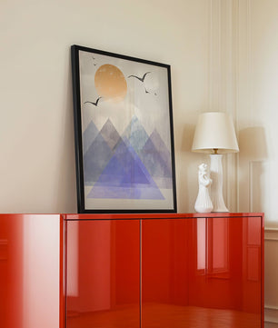 Abstract Mountain Landscape with Geometric Elements and Soaring Birds