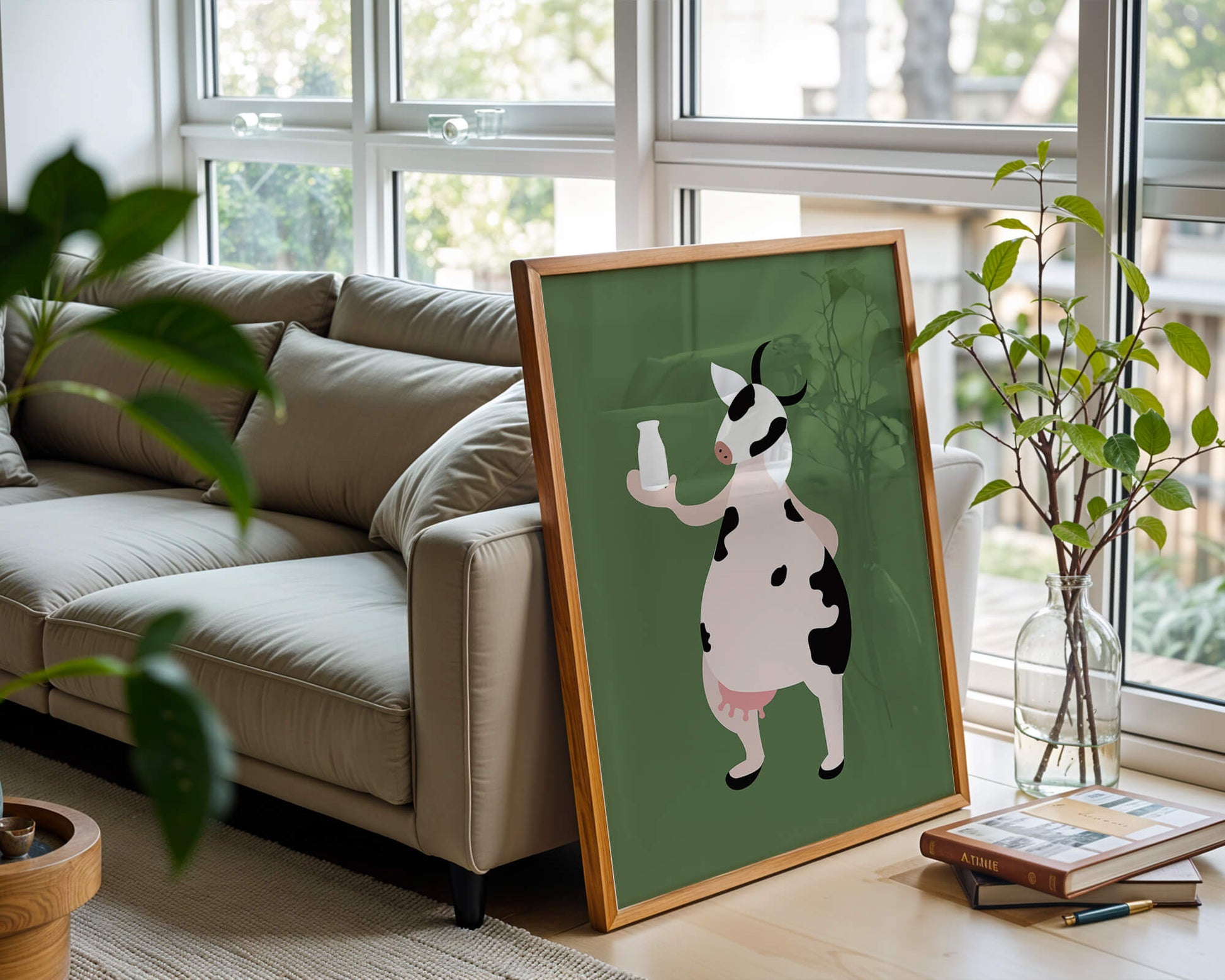 Illustration of anthropomorphic cow holding a milk bottle on green background