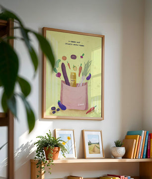 Ilustración de vegetales frescos y leche en una bolsa de comestibles