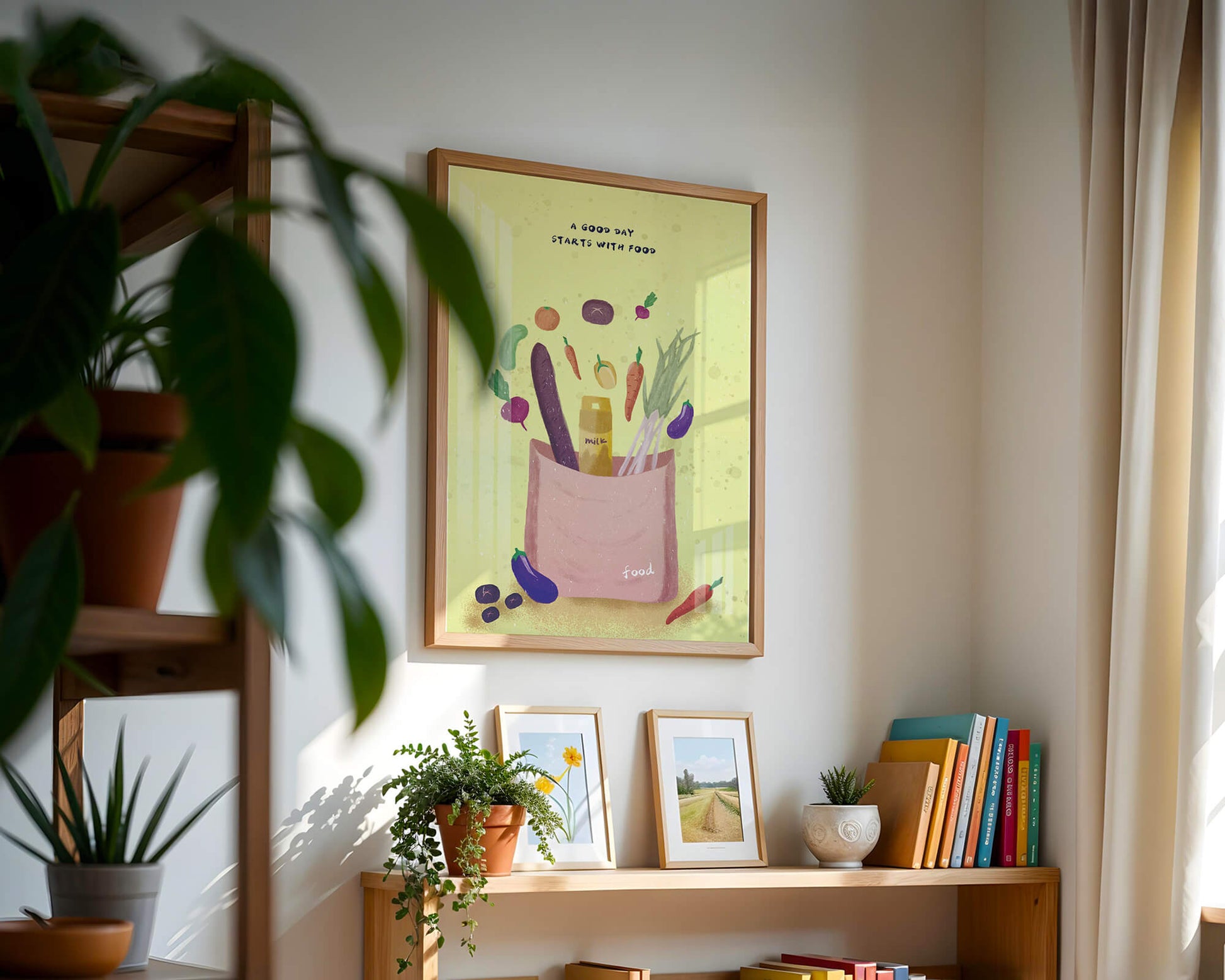 Ilustración de vegetales frescos y leche en una bolsa de comestibles