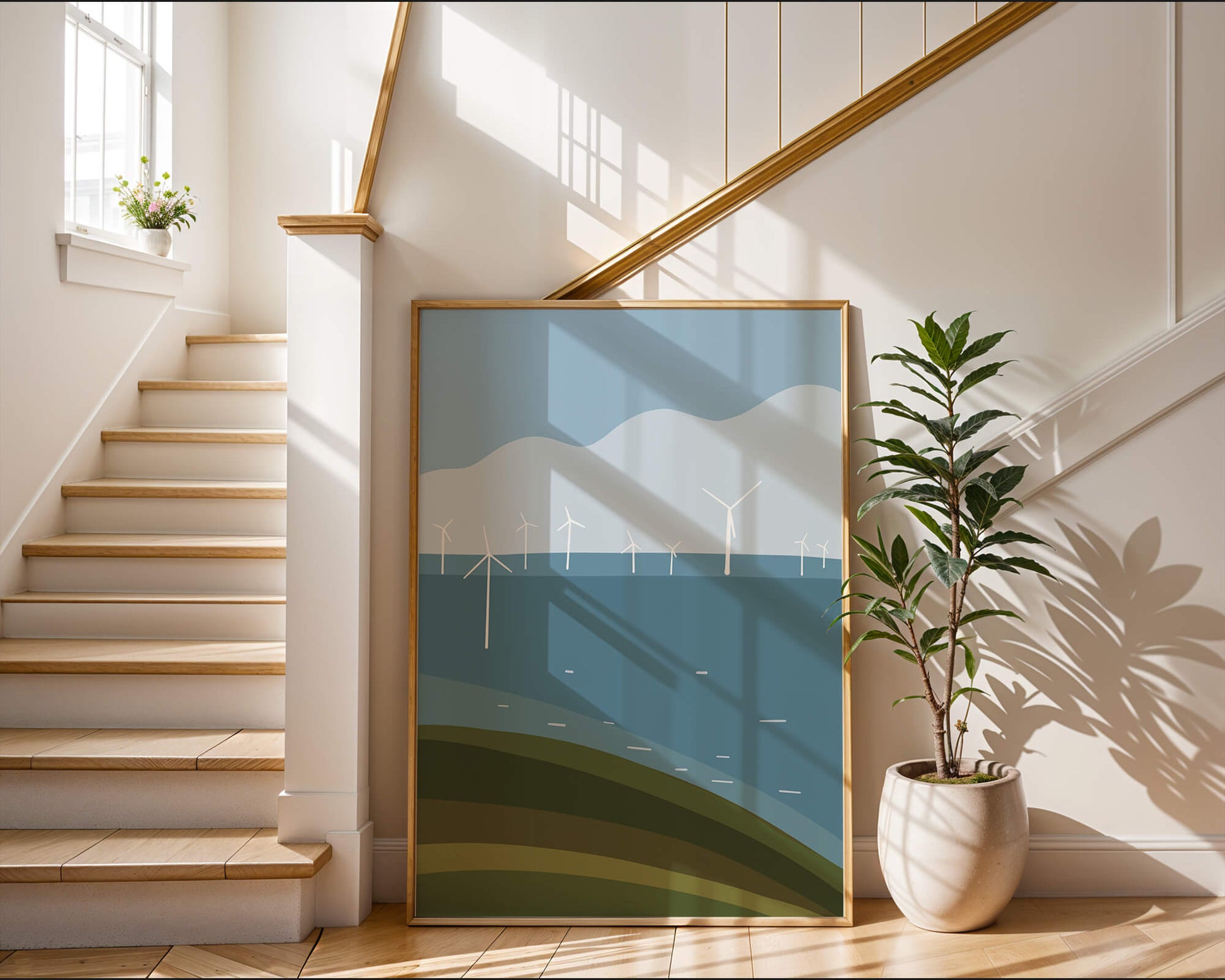Wind Turbines on Rolling Hills Against a Clear Blue Sky