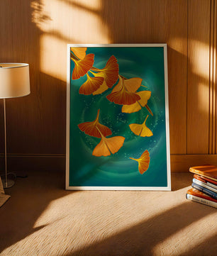 Blätter des Ginkgo-Stylings auf einem türkisfarbenen Hintergrund schweben