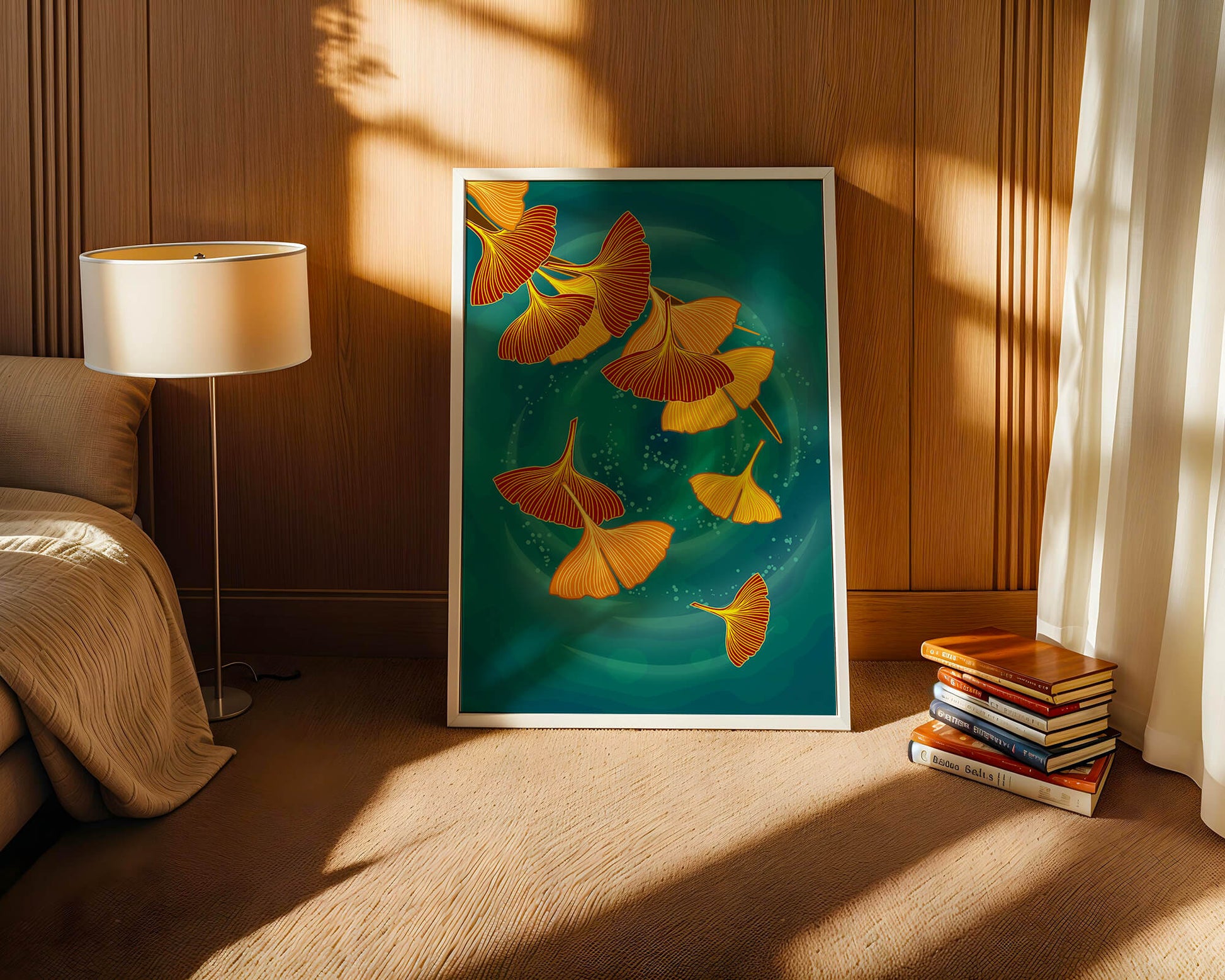 Stylized Ginkgo Leaves Floating on a Turquoise Background