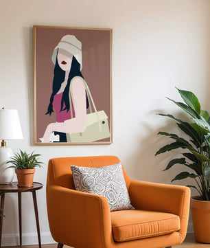 Ilustración elegante de una mujer con sombrero de cubo y ropa casual