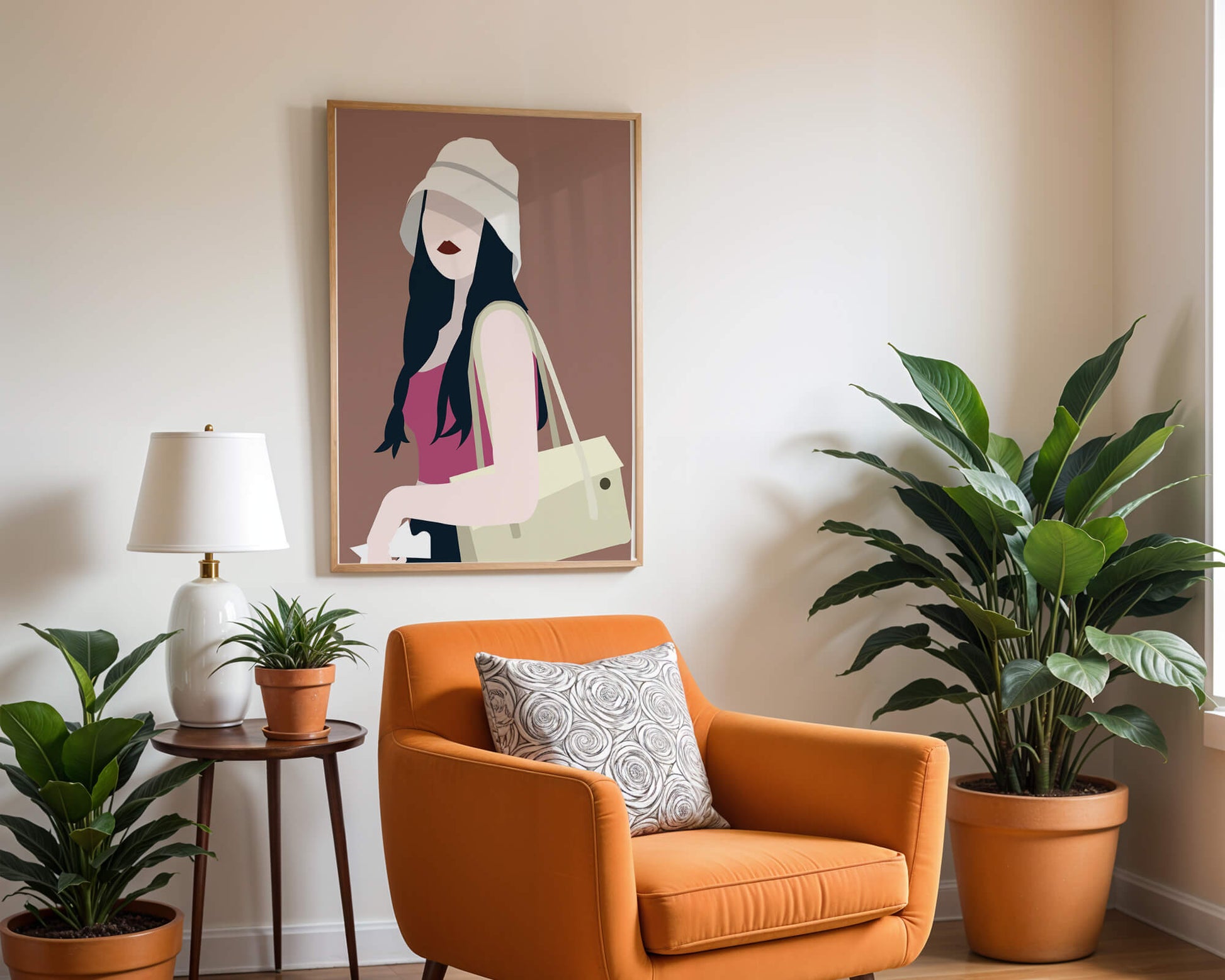Stylish illustration of a woman in a bucket hat and casual outfit