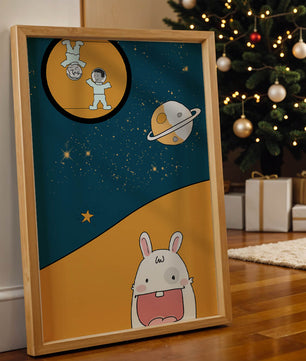 Playful Cartoon of Astronauts and Rabbit with Planet and Stars - Mi tienda