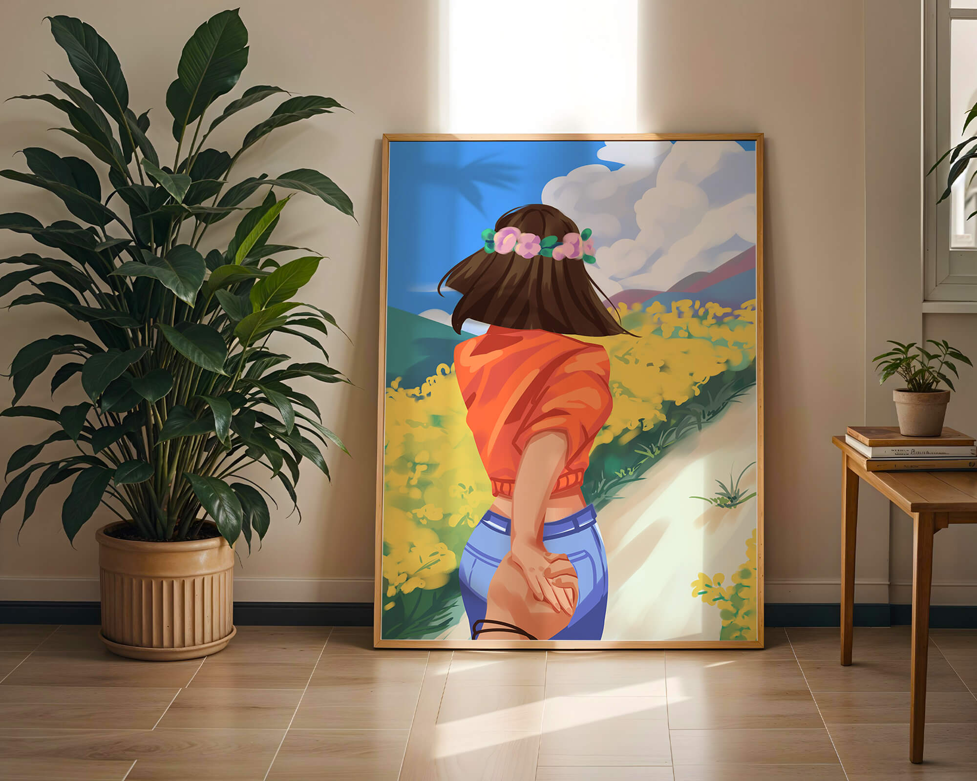 Woman in Nature with Floral Headband and Holding Hands on a Sunny Day