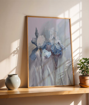 Delicate blue and white floral painting with soft brush strokes