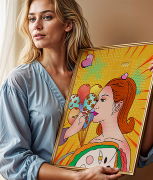 Retrato de mujer en arte pop colorido con globos y patrones vibrantes