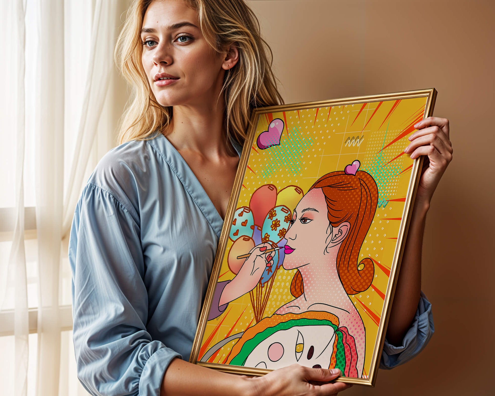 Colorful pop art woman portrait with balloons and vibrant patterns