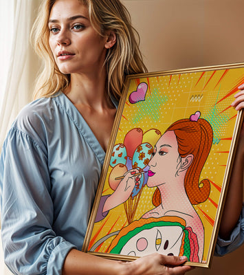 Colorful pop art woman portrait with balloons and vibrant patterns