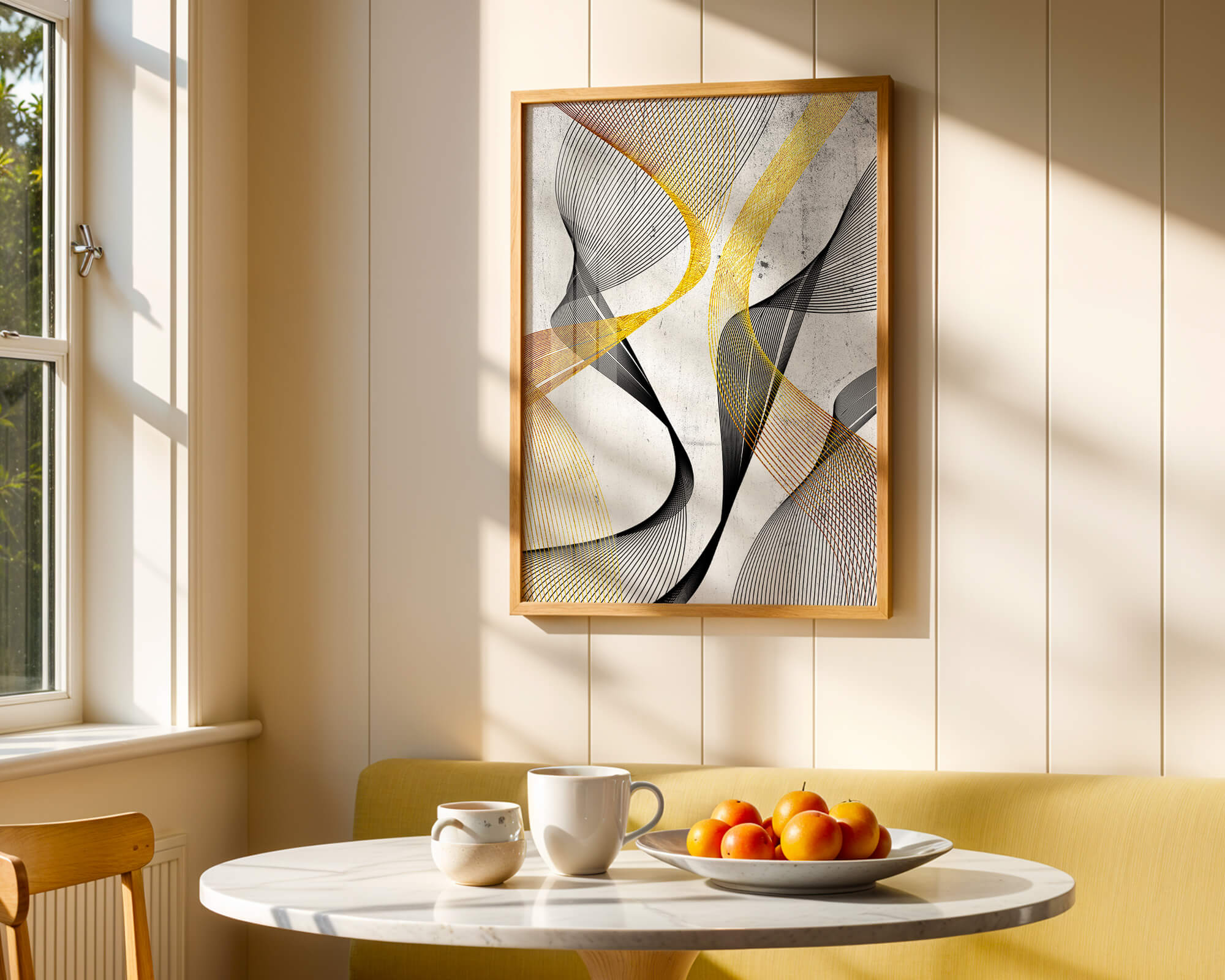 Abstract dynamic lines with golden and black swirls on textured background