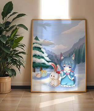 Winter scene with cute chibi character and bunny in snowy landscape