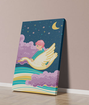 Child flying on a goose through a magical night sky illustration