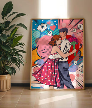 Pareja abrazándose en estilo pop art con un fondo colorido