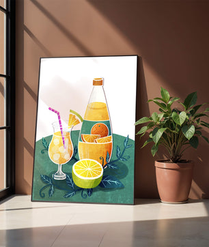 Ilustración colorida de bebidas cítricas con botella y vaso