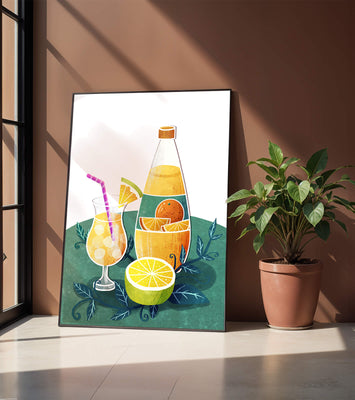 Colorful illustration of citrus drinks with bottle and glass