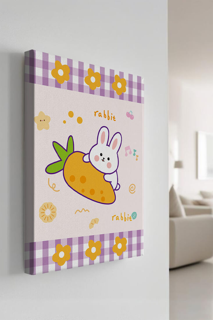 Illustrated cute rabbit with carrot on a colorful background