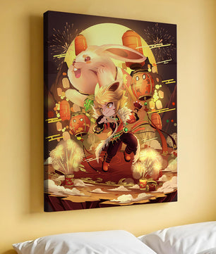 Fantasy scene with rabbit and character amid fireworks and lanterns