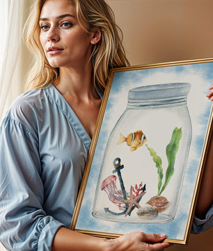 Watercolor illustration of marine life in a jar with a clownfish